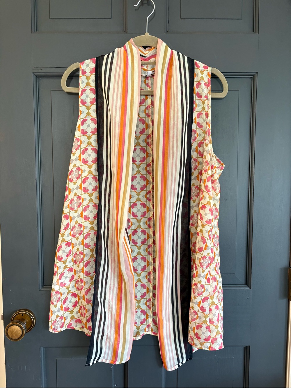 Charming Charlie Pink Cream Geo Floral Kimono AttachedStriped Scarf Overlay